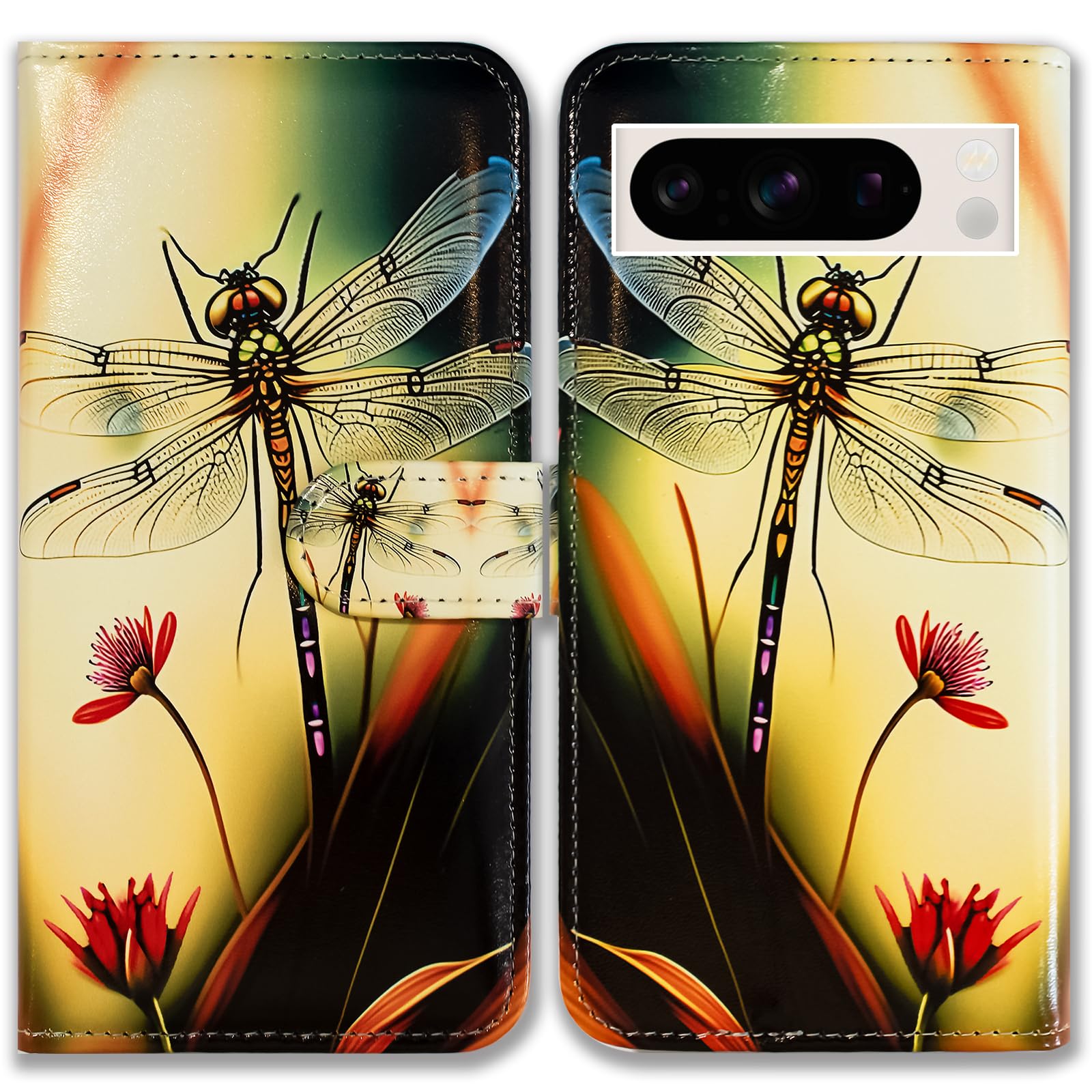 Bcov Pixel 8 Pro Case,Colorful Dragonfly Style Leather Flip Phone Case Wallet Cover with Card Slot Holder Kickstand for Google Pixel 8 Pro