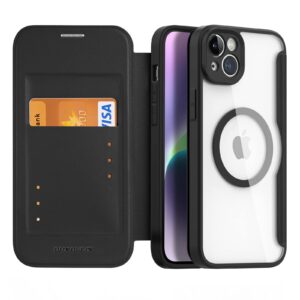 algasan dux ducis strong magnetic wireless charging wallet case for iphone 14 plus compatible with magsafe,360 ° full protection flip cover with cards-cash slots clear back cover shell
