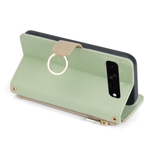 lefeda Wallet Case for Google Pixel 8 Pro/Pixel 8, Luxury Fashion Flip Purse Leather Cover with Card Slots Crossbody Shoulder Strap with Mirror,Green,8