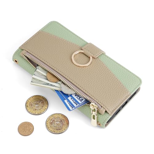 lefeda Wallet Case for Google Pixel 8 Pro/Pixel 8, Luxury Fashion Flip Purse Leather Cover with Card Slots Crossbody Shoulder Strap with Mirror,Green,8