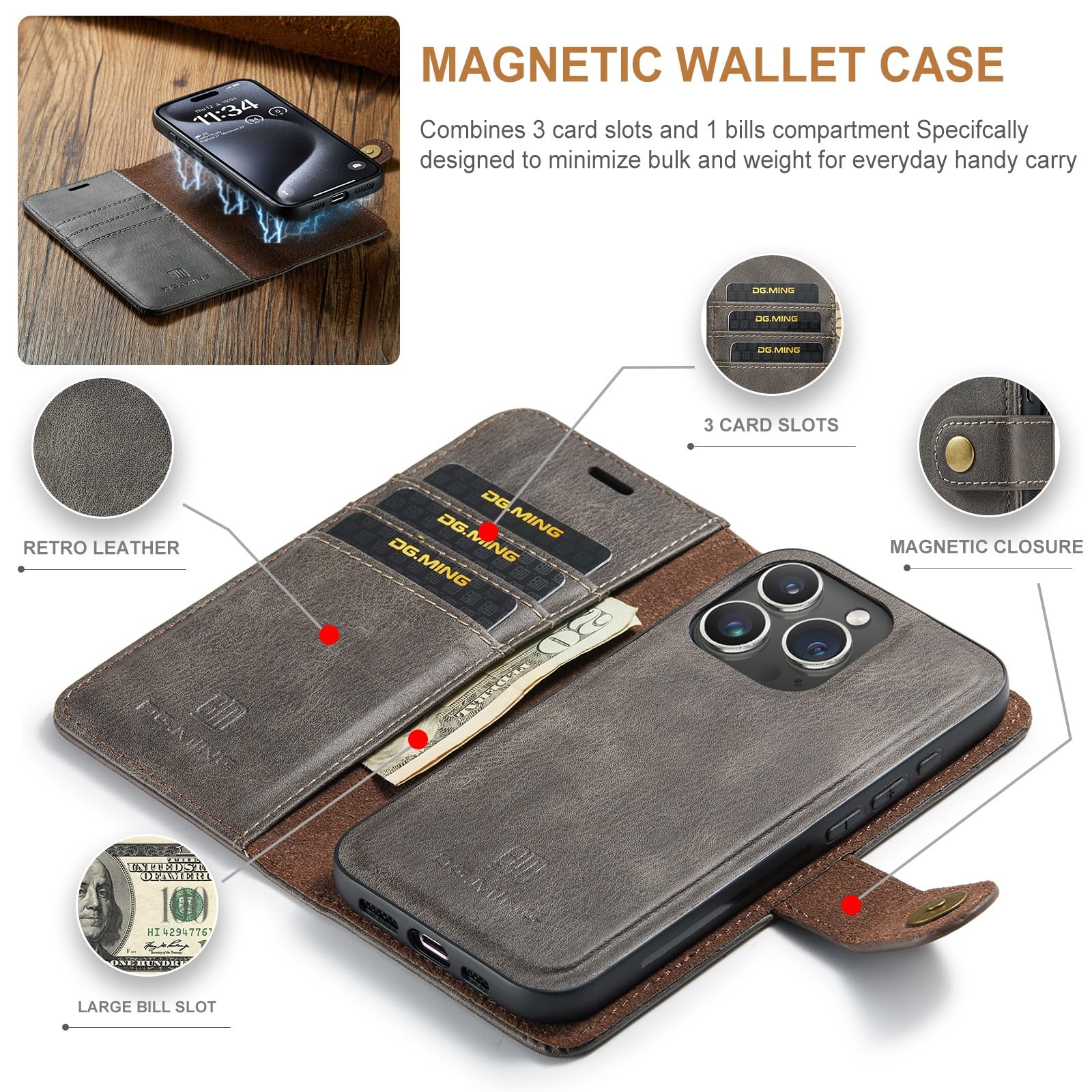 Smartphone Flip Cases Compatible with iPhone 15 Pro Max Case, DG.MING 2 in 1 Clucth Retro Real Cowhide Leather Folio Flip Wallet Magnetic Detachable Slim Phone Cover Case Compatible with iPhone 15 Pro
