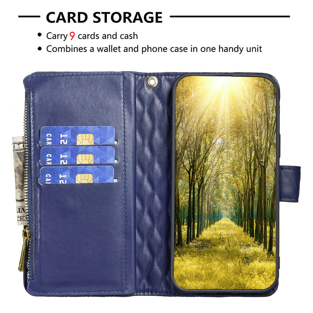 SUPWALL Wallet Case Compatible for iPhone 13 Pro | Flip Leather Case with Removable Wristlet Strap and 9 Card Holder | Magnetic Closure Case with Zipper for Men Women | Blue