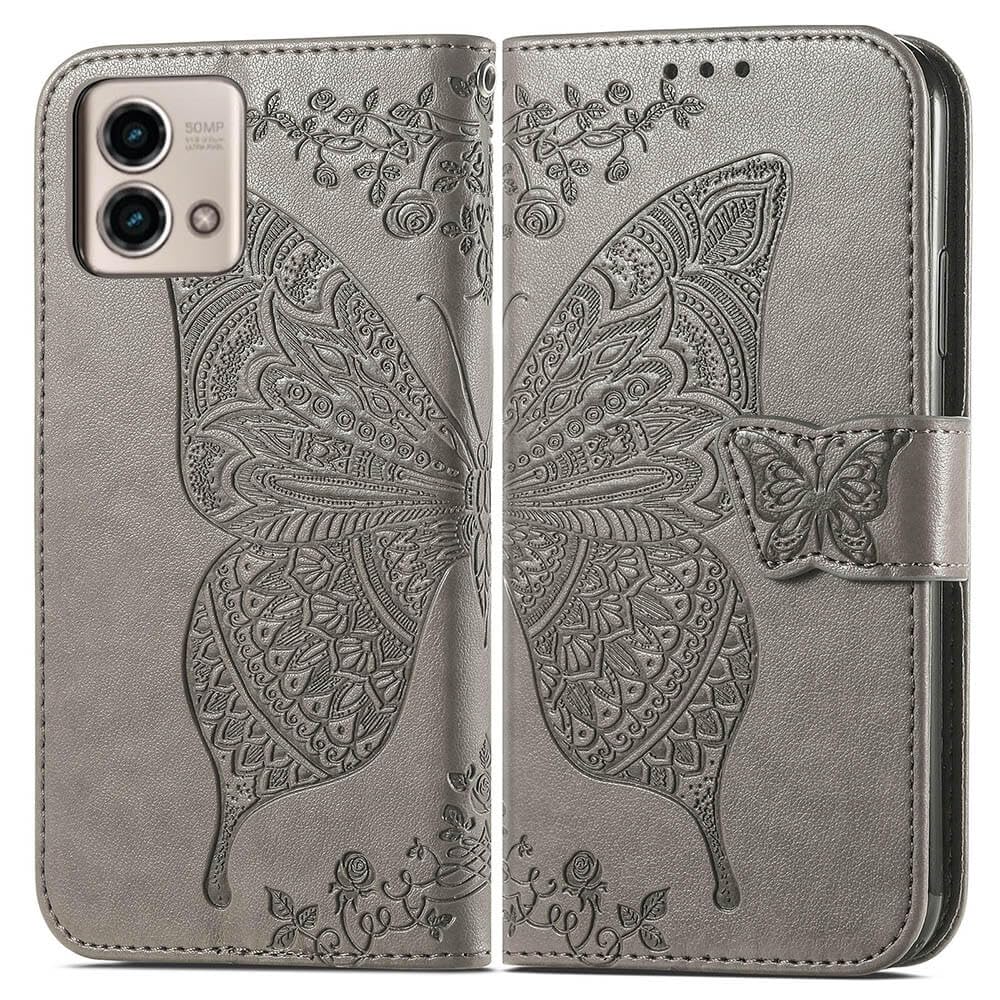 KRHGEIK for Motorola Moto G Stylus 5G 2023 Case Wallet,Women Flip Folio Cover with Butterfly Emboss PU Leather Stand Card Slots Wrist Strap Protective Phone Case for Moto G Stylus 5G 2023 (Gray)