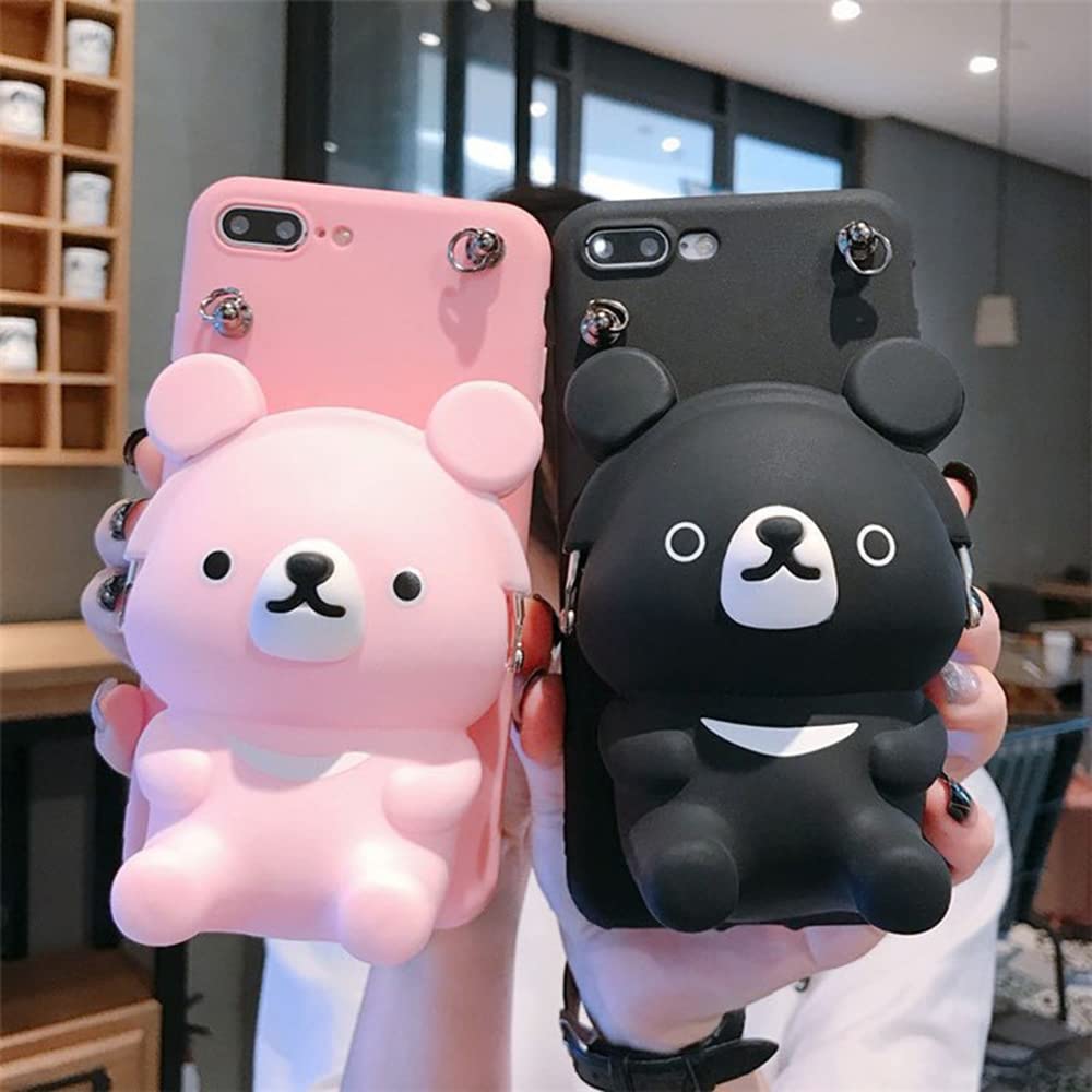 JIATAY Phone Cases for iPhone 15 Pro Max Case Wallet, Silicone 3D Cartoon Phone Zipper Wallet Case with Kawaii Lanyard for Women Girls (Bear Pocket Black, iPhone 15 Pro Max)