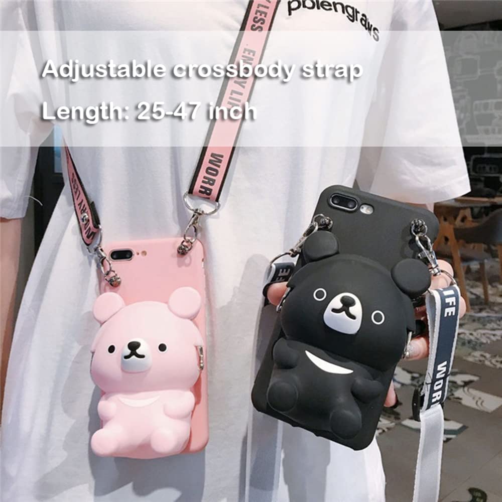 JIATAY Phone Cases for iPhone 15 Pro Max Case Wallet, Silicone 3D Cartoon Phone Zipper Wallet Case with Kawaii Lanyard for Women Girls (Bear Pocket Black, iPhone 15 Pro Max)