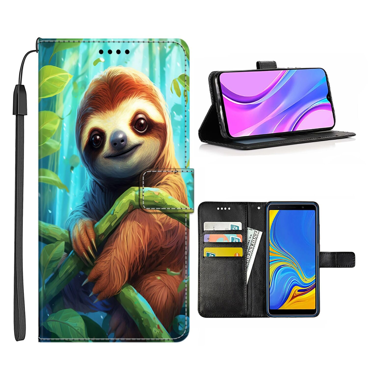 DeweiDirect Wallet Case suitable for Moto G Power (2021) with Sloth-aa89 pattern, Top PU Leather, Kickstand with Wrist Strap Multifunction Smartphone Cellphone Case Folio Pocket Flip Lanyard