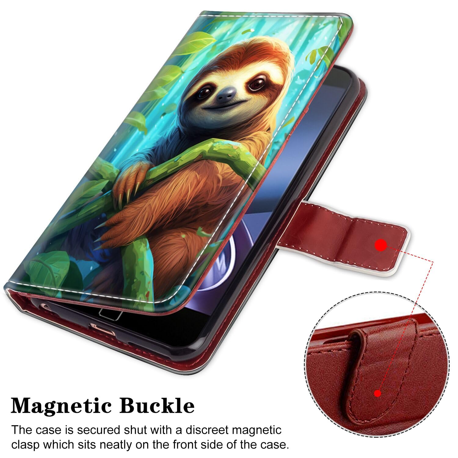 DeweiDirect Wallet Case suitable for Moto G Power (2021) with Sloth-aa89 pattern, Top PU Leather, Kickstand with Wrist Strap Multifunction Smartphone Cellphone Case Folio Pocket Flip Lanyard