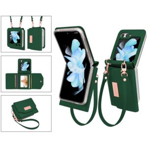 XIMAND for Samsung Galaxy Z Flip 5 Wallet Case with Built-in Leather Cash Slot and Credit Card Holder. Wristlet Strap and Hinge Protection, Carrying Handbag Phone Case for Women Ladies.(Green)
