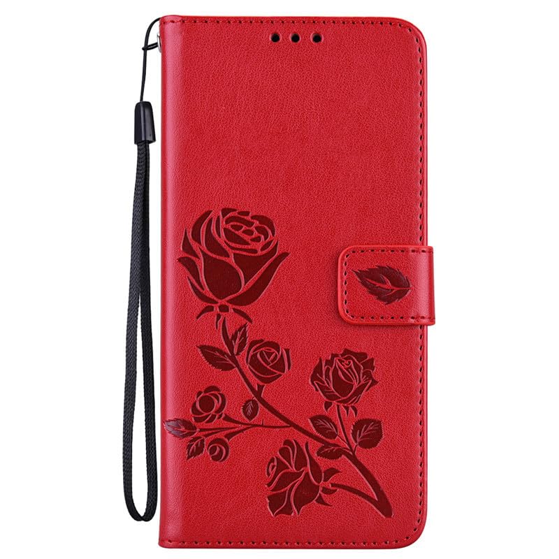 lefeda Case for iPhone 15Pro Max/15 Pro/15 Plus/15, Flip Leather Rose Flower Embossed Wallet Cover, Magnetic Closure Case with Card Slots,Red,15 Pro Max