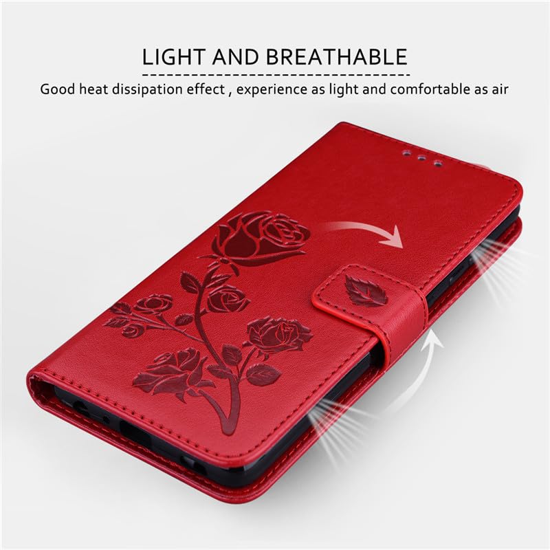 lefeda Case for iPhone 15Pro Max/15 Pro/15 Plus/15, Flip Leather Rose Flower Embossed Wallet Cover, Magnetic Closure Case with Card Slots,Red,15 Pro Max