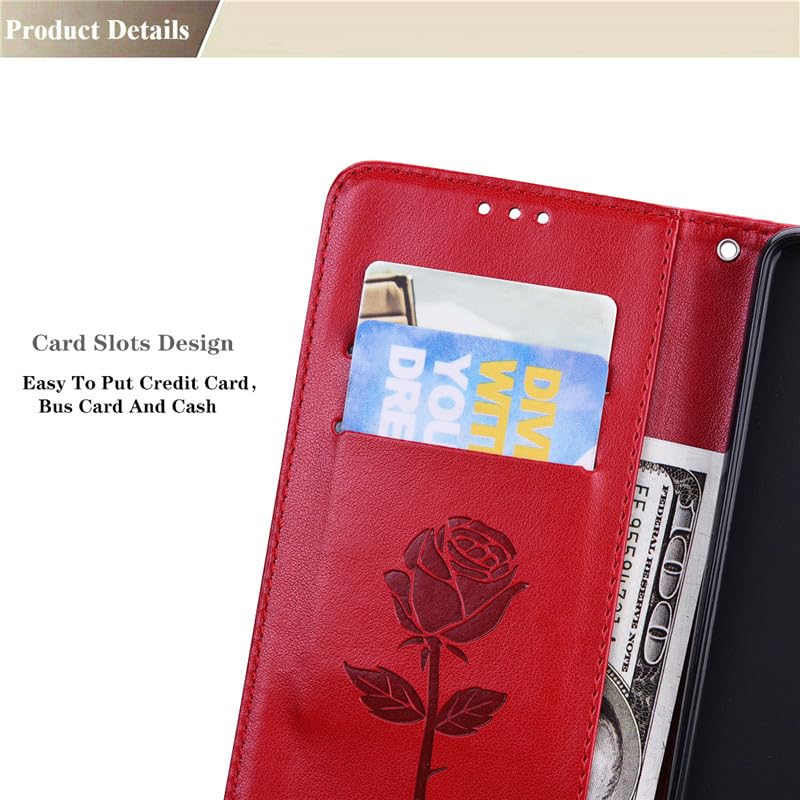 lefeda Case for iPhone 15Pro Max/15 Pro/15 Plus/15, Flip Leather Rose Flower Embossed Wallet Cover, Magnetic Closure Case with Card Slots,Red,15 Pro Max