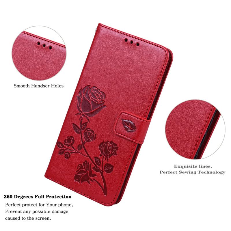 lefeda Case for iPhone 15Pro Max/15 Pro/15 Plus/15, Flip Leather Rose Flower Embossed Wallet Cover, Magnetic Closure Case with Card Slots,Red,15 Pro Max