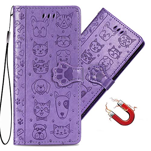 QIVSTAR Case for iPhone 15 Pro Max Wallet Case for Women with Card Holder Embossed Cute Flip PU Leather Magnetic Protective Cover with Lanyard for iPhone 15 Pro Max 6.7" Animals Purple SD4