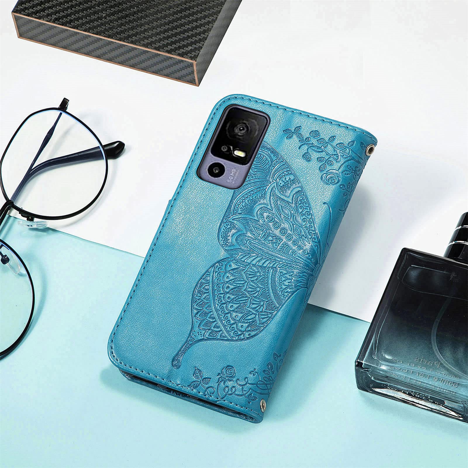 Ranyi for Lively Jitterbug Smart4 Case, Jitterbug Smart 4 Case, Butterfly Pattern Magnetic Wallet Case with Credit Card Holder Kickstand Flip Folio Leather Wallet Case for Jitterbug Smart4 -blue
