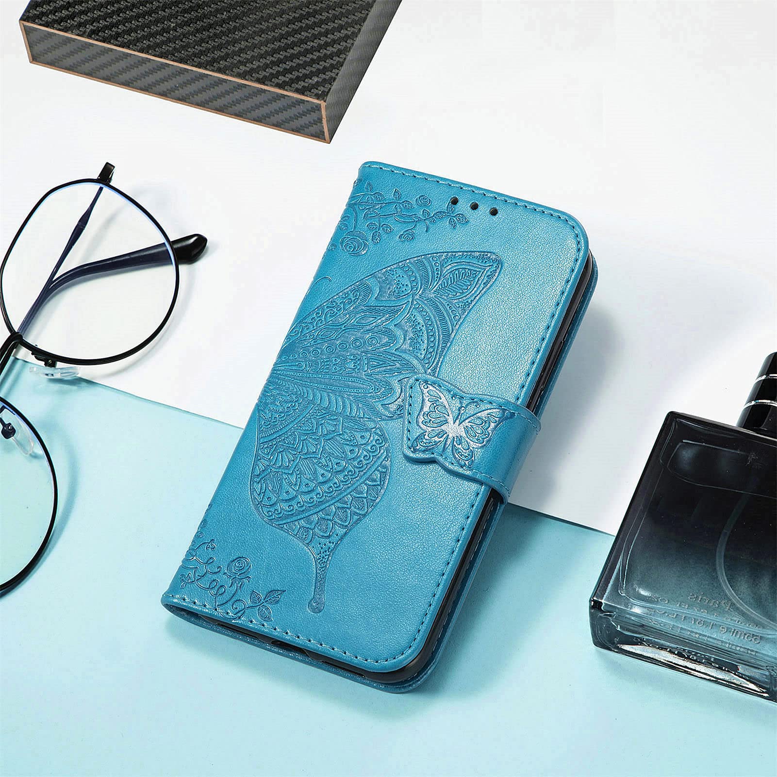 Ranyi for Lively Jitterbug Smart4 Case, Jitterbug Smart 4 Case, Butterfly Pattern Magnetic Wallet Case with Credit Card Holder Kickstand Flip Folio Leather Wallet Case for Jitterbug Smart4 -blue