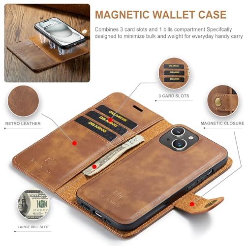 Smartphone Flip Cases Compatible with iPhone 15 Plus Case, DG.MING 2 in 1 Clucth Retro Real Cowhide Leather Folio Flip Wallet Magnetic Detachable Slim Phone Cover Case Compatible with iPhone 15 Plus,W