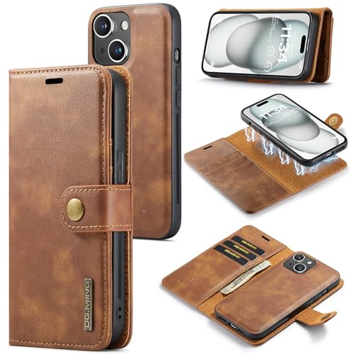 Smartphone Flip Cases Compatible with iPhone 15 Plus Case, DG.MING 2 in 1 Clucth Retro Real Cowhide Leather Folio Flip Wallet Magnetic Detachable Slim Phone Cover Case Compatible with iPhone 15 Plus,W