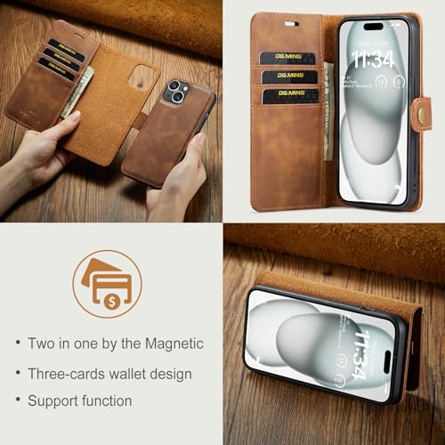 Smartphone Flip Cases Compatible with iPhone 15 Plus Case, DG.MING 2 in 1 Clucth Retro Real Cowhide Leather Folio Flip Wallet Magnetic Detachable Slim Phone Cover Case Compatible with iPhone 15 Plus,W