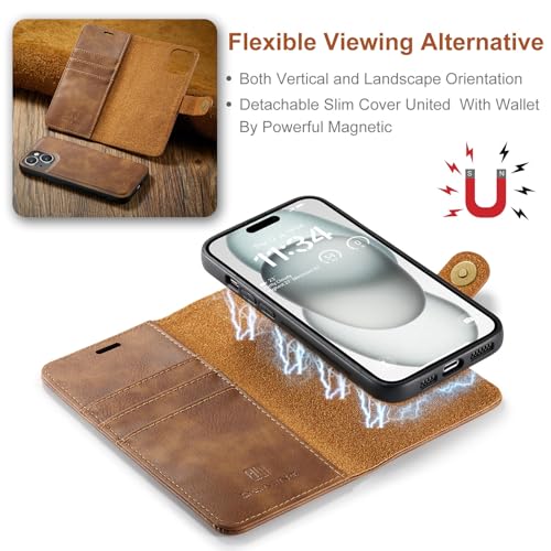 Smartphone Flip Cases Compatible with iPhone 15 Plus Case, DG.MING 2 in 1 Clucth Retro Real Cowhide Leather Folio Flip Wallet Magnetic Detachable Slim Phone Cover Case Compatible with iPhone 15 Plus,W