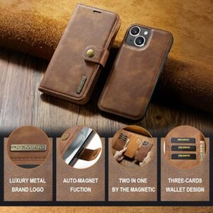 Smartphone Flip Cases Compatible with iPhone 15 Plus Case, DG.MING 2 in 1 Clucth Retro Real Cowhide Leather Folio Flip Wallet Magnetic Detachable Slim Phone Cover Case Compatible with iPhone 15 Plus,W