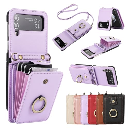 Phone flip case Premium Leather 2 in 1 Wallet Case Compatible with Samsung Galaxy Z Flip 4 5G,Magnetic Closure Purse W Rotation Ring Stand/Card Slots Holde/Lanyard Crossbody Shockproof Protective Phon