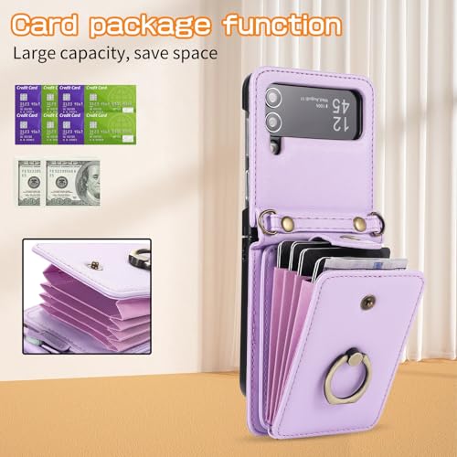 Phone flip case Premium Leather 2 in 1 Wallet Case Compatible with Samsung Galaxy Z Flip 4 5G,Magnetic Closure Purse W Rotation Ring Stand/Card Slots Holde/Lanyard Crossbody Shockproof Protective Phon