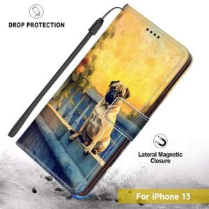 DAFEI Wallet Case for iPhone 13 with Pug Dog-aa129 Pattern PU Leather Flip Folio ID&Credit Cards Pocket Lanyard