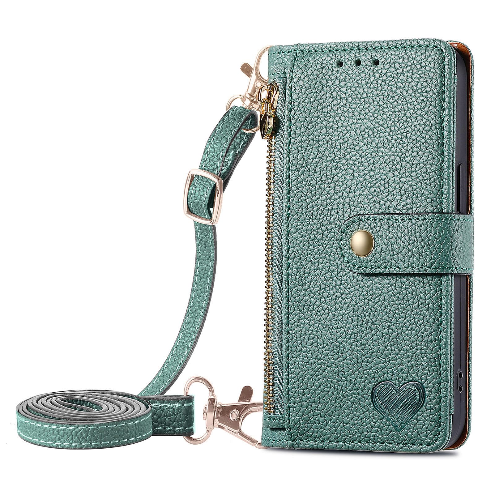 ONV Flip Case for Samsung Galaxy M53 5G - Adjustable Crossbody Lanyard Zipper Cash Pocket Wallet Leather Case Card Holder Stand Metal Close Cover for Samsung Galaxy M53 5G [AX]-Green