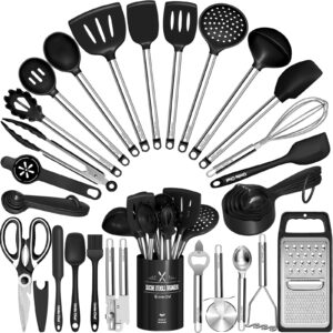 kitchen utensils set-umite chef 34 pcs silicone cooking utensils set for nonstick cookware-silicone spatulas set, stainless steel handle-black kitchen gadgets tools, pots and pans accessories