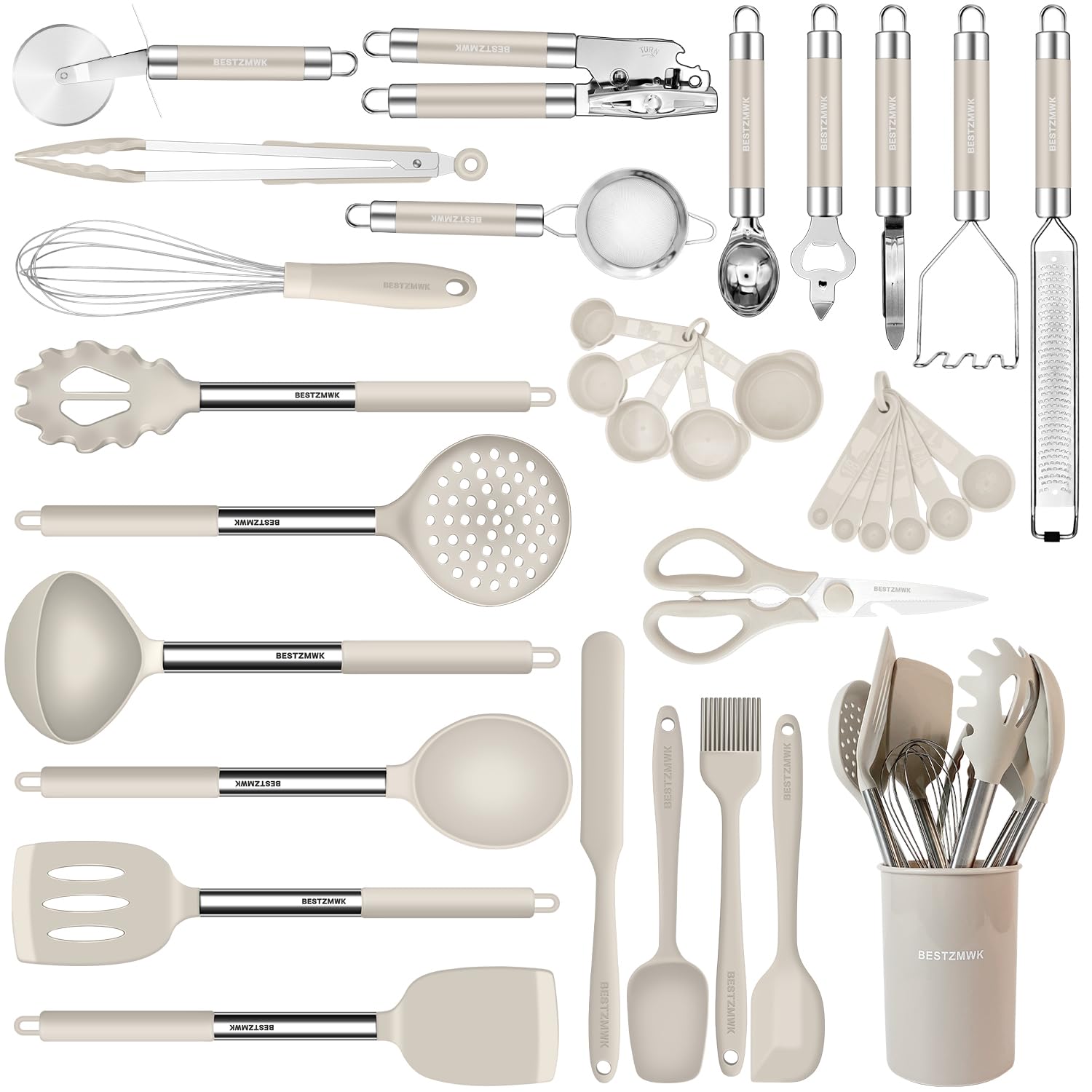 Kitchen Utensils Set-Silicone Cooking Utensils-32pcs Non-Stick Silicone Cooking Kitchen Utensils Spatula Set with Holder-Best Kitchen Cookware with Stainless Steel Handle (Khaki)