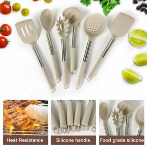 Kitchen Utensils Set-Silicone Cooking Utensils-32pcs Non-Stick Silicone Cooking Kitchen Utensils Spatula Set with Holder-Best Kitchen Cookware with Stainless Steel Handle (Khaki)