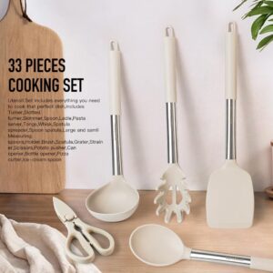 Kitchen Utensils Set-Silicone Cooking Utensils-32pcs Non-Stick Silicone Cooking Kitchen Utensils Spatula Set with Holder-Best Kitchen Cookware with Stainless Steel Handle (Khaki)