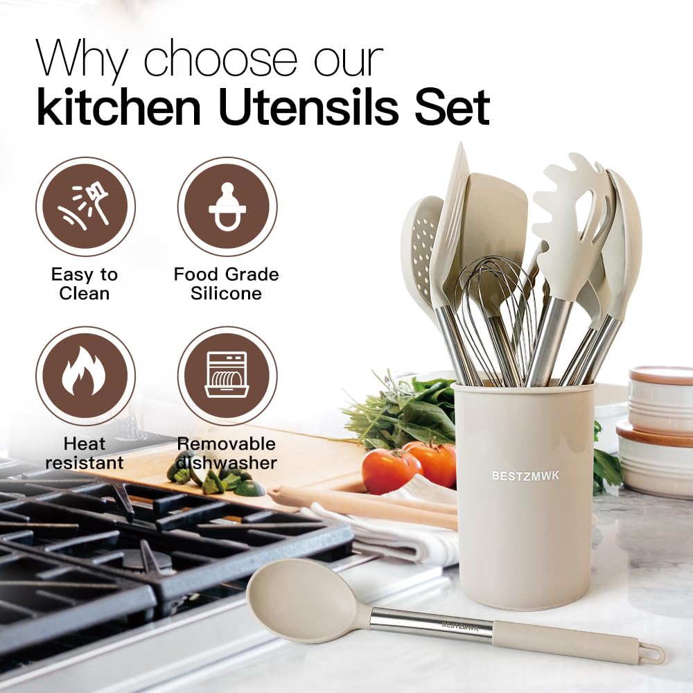 Kitchen Utensils Set-Silicone Cooking Utensils-32pcs Non-Stick Silicone Cooking Kitchen Utensils Spatula Set with Holder-Best Kitchen Cookware with Stainless Steel Handle (Khaki)