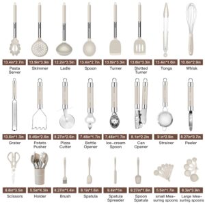 Kitchen Utensils Set-Silicone Cooking Utensils-32pcs Non-Stick Silicone Cooking Kitchen Utensils Spatula Set with Holder-Best Kitchen Cookware with Stainless Steel Handle (Khaki)