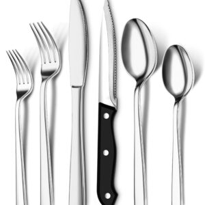 Utopia Kitchen 24 Piece Silverware Set Service for 4, Flatware Set with Steak Knives, Stainless Steel Utensil Sets, Mirror Polished Cutlery Set for Home, Kitchen, Restaurant, Dishwasher Safe - Silver