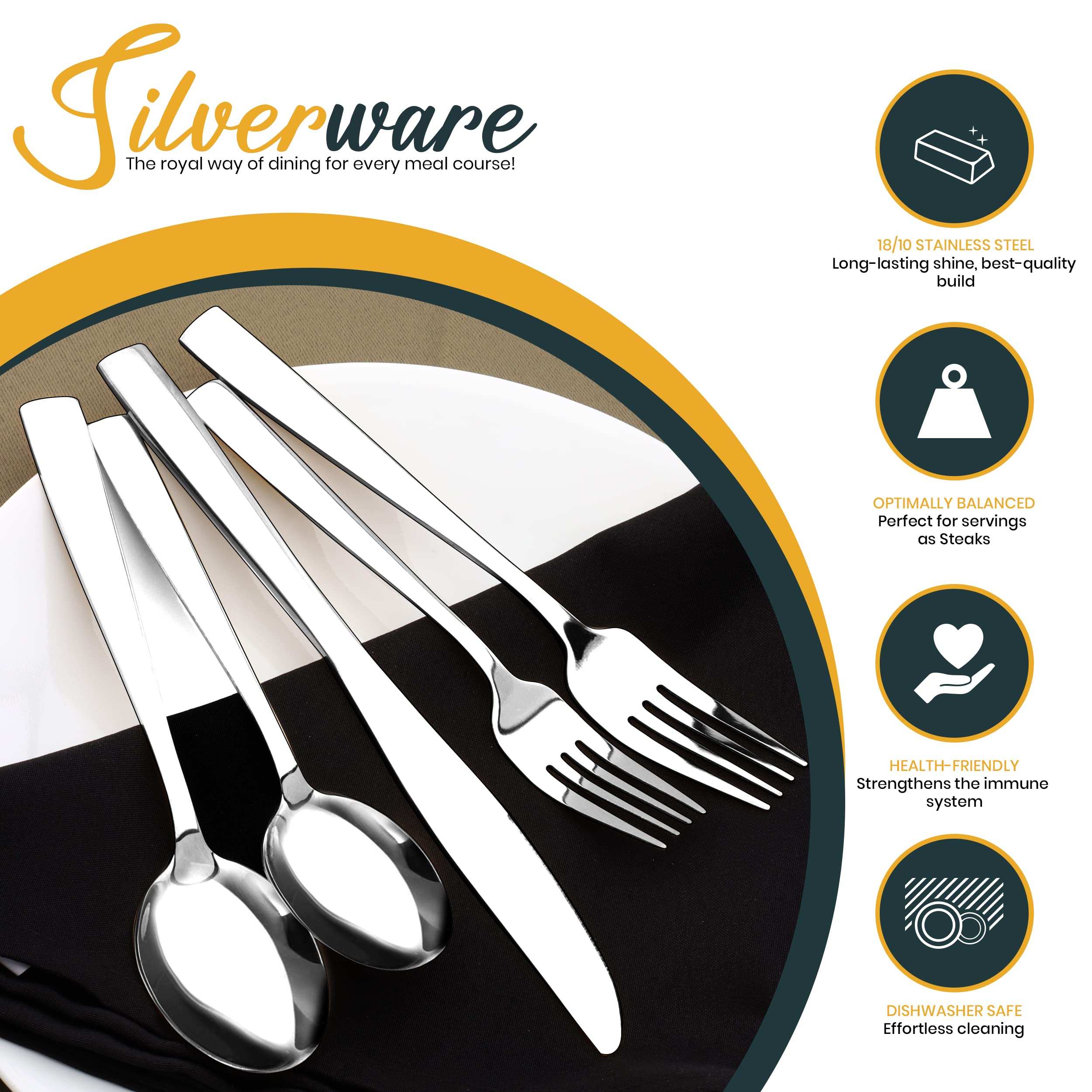 Utopia Kitchen 24 Piece Silverware Set Service for 4, Flatware Set with Steak Knives, Stainless Steel Utensil Sets, Mirror Polished Cutlery Set for Home, Kitchen, Restaurant, Dishwasher Safe - Silver