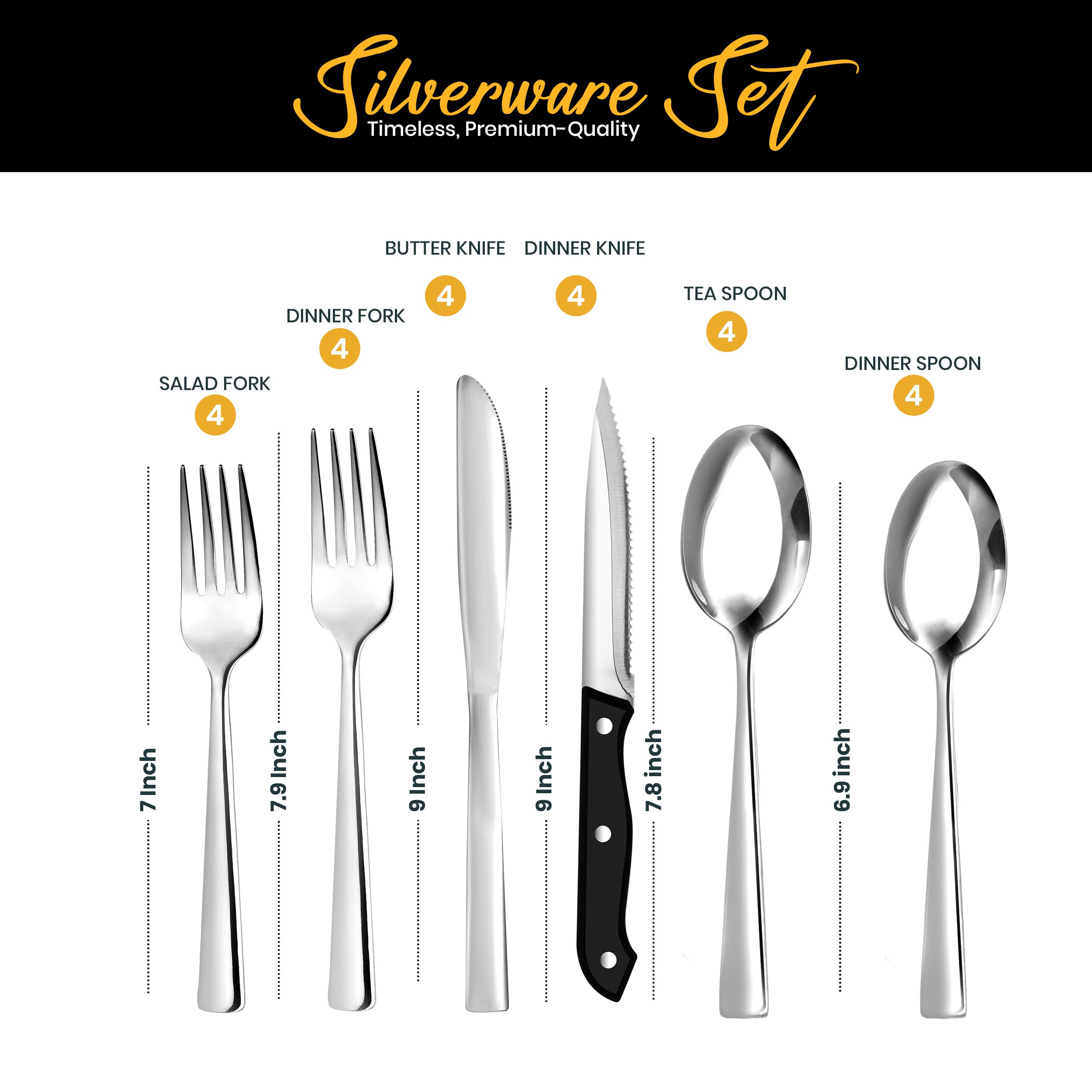 Utopia Kitchen 24 Piece Silverware Set Service for 4, Flatware Set with Steak Knives, Stainless Steel Utensil Sets, Mirror Polished Cutlery Set for Home, Kitchen, Restaurant, Dishwasher Safe - Silver