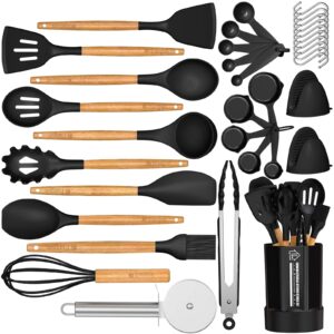 silicone kitchen cooking utensil set, fungun 35 pcs kitchen utensils spatula set with utensil holder for nonstick cookware, bpa free cooking utensils, kitchen tools gift (black)