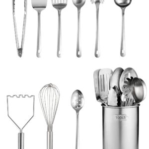 FineDine Stainless-Steel Kitchen Utensil Set - 10-piece premium Nonstick & Heat Resistant Gadgets, Turner, Spaghetti Server, Ladle, Serving Spoons, Whisk, Tongs, Potato Masher & Utensil Holder