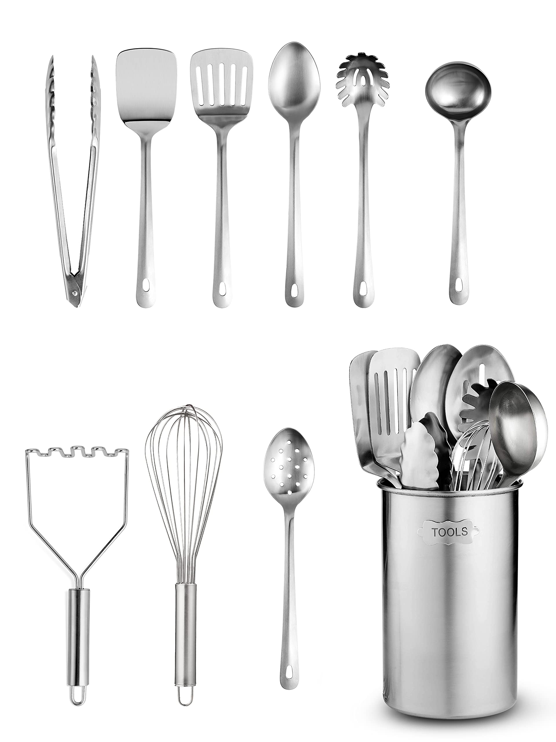 FineDine Stainless-Steel Kitchen Utensil Set - 10-piece premium Nonstick & Heat Resistant Gadgets, Turner, Spaghetti Server, Ladle, Serving Spoons, Whisk, Tongs, Potato Masher & Utensil Holder