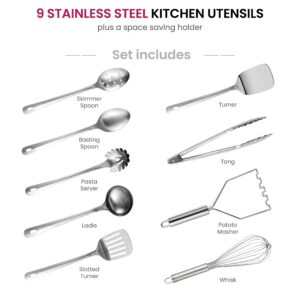 FineDine Stainless-Steel Kitchen Utensil Set - 10-piece premium Nonstick & Heat Resistant Gadgets, Turner, Spaghetti Server, Ladle, Serving Spoons, Whisk, Tongs, Potato Masher & Utensil Holder