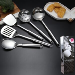 Ragyzity Stainless Steel 5-Piece Utensil Set, 5-Pieces All Metal Long Handle Cooking Tools, Heat Resistant Kitchen Gadgets Utensil Set, Slotted Spoon, Slotted Spatula, Large Spoon, Soup, Spatula