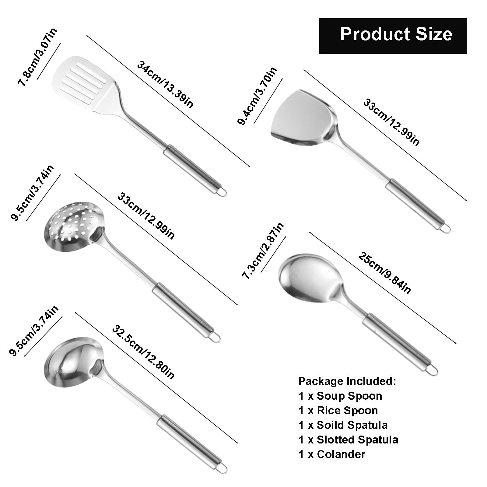 Ragyzity Stainless Steel 5-Piece Utensil Set, 5-Pieces All Metal Long Handle Cooking Tools, Heat Resistant Kitchen Gadgets Utensil Set, Slotted Spoon, Slotted Spatula, Large Spoon, Soup, Spatula