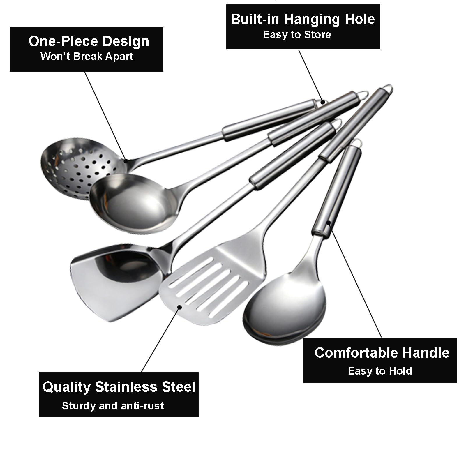 Ragyzity Stainless Steel 5-Piece Utensil Set, 5-Pieces All Metal Long Handle Cooking Tools, Heat Resistant Kitchen Gadgets Utensil Set, Slotted Spoon, Slotted Spatula, Large Spoon, Soup, Spatula