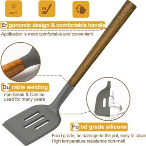 Umite Chef Silicone Cooking Utensil Set, 8-Piece Kitchen Utensils Set with Natural Acacia Wooden Handles,Food-Grade Silicone Heads-Silicone Kitchen Gadgets and Spatula Set for Nonstick Cookware - Grey