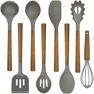 Umite Chef Silicone Cooking Utensil Set, 8-Piece Kitchen Utensils Set with Natural Acacia Wooden Handles,Food-Grade Silicone Heads-Silicone Kitchen Gadgets and Spatula Set for Nonstick Cookware - Grey