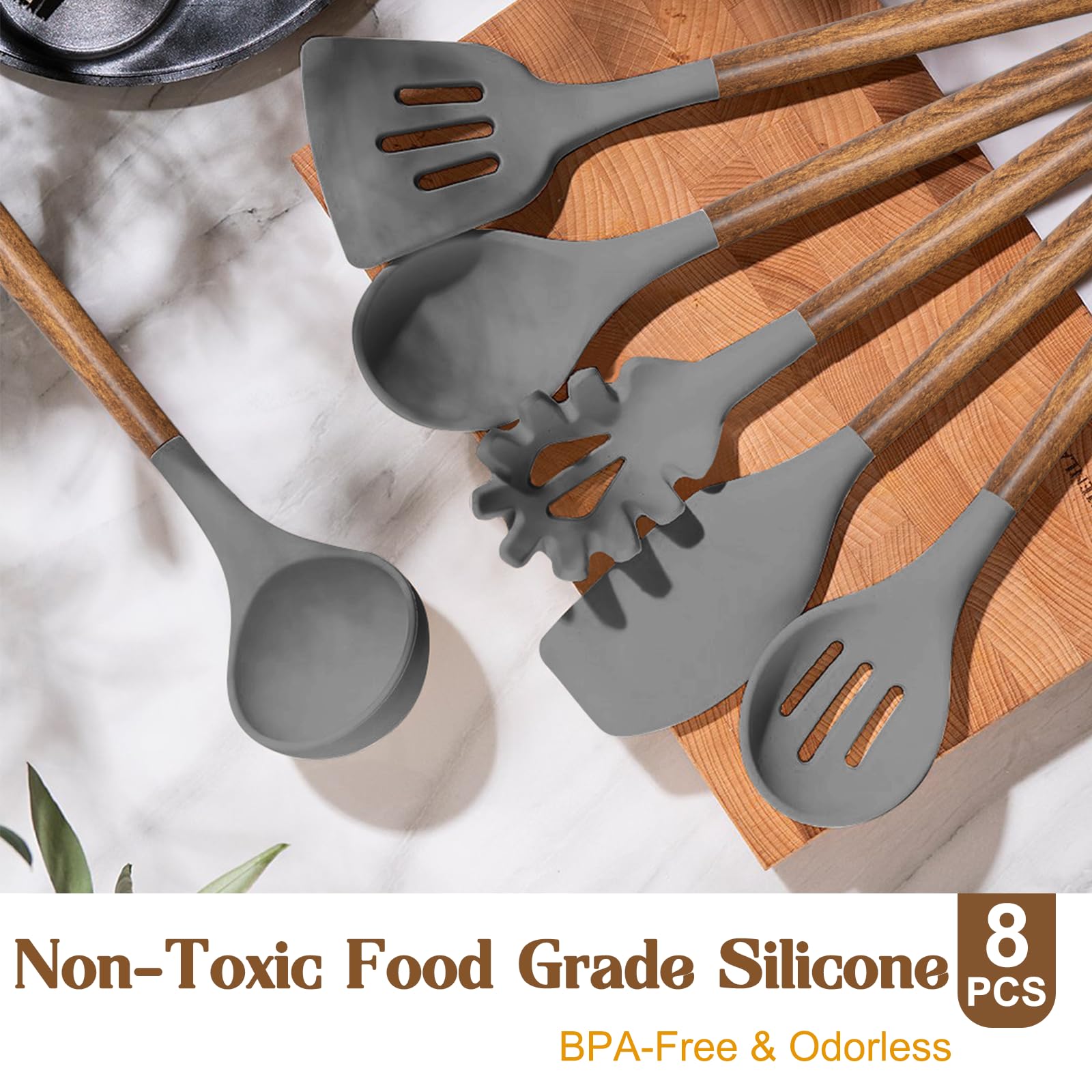 Umite Chef Silicone Cooking Utensil Set, 8-Piece Kitchen Utensils Set with Natural Acacia Wooden Handles,Food-Grade Silicone Heads-Silicone Kitchen Gadgets and Spatula Set for Nonstick Cookware - Grey