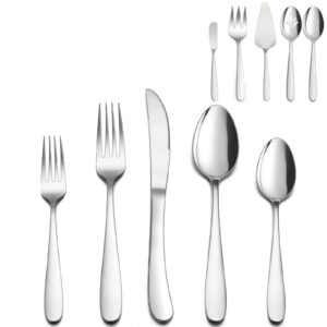 heavy duty silverware set with serving utensils, haware 45 pieces stainless steel flatware set, heavy weight eating utensils tableware for 8, modern cutlery for home, dishwasher safe, mirror polished