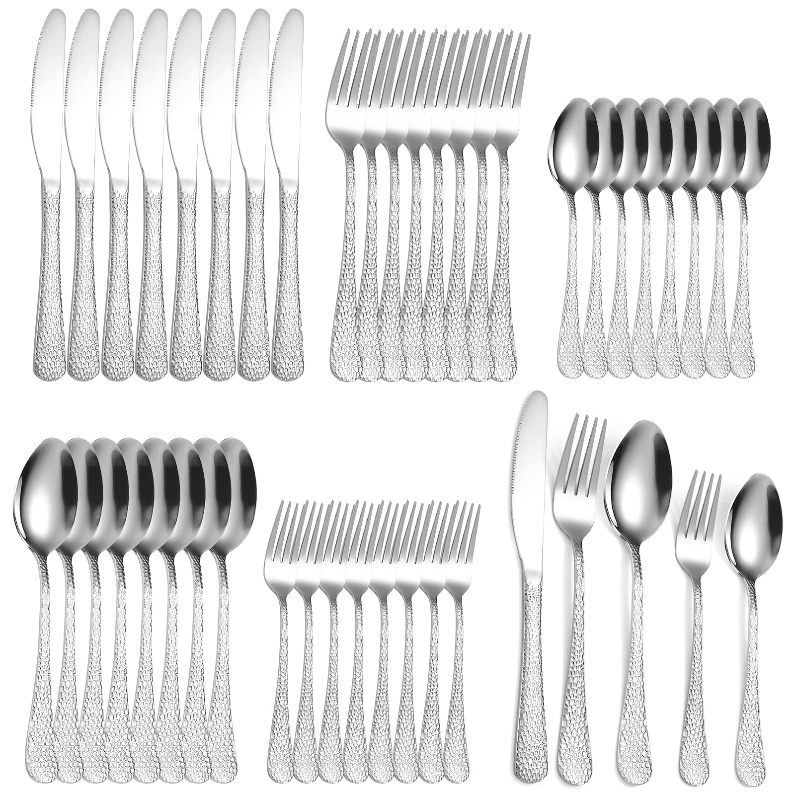 A · HOUSEWARE Vintage Silverware Set Hammered Flatware Silver Eating Utensils Stainless Steel Forks Spoons Knives for Restaurant Home Kitchen Parties Durable