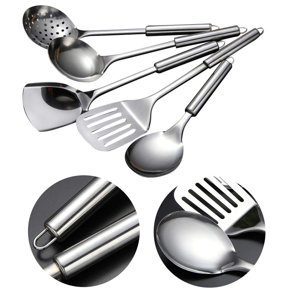 5 Pcs Stainless Steel Cooking Utensils Set Heat Resistant Kitchen Gadgets Utensil Set Includes Slotted Spoon, Slotted Spatula, Large Spoon, Soup, Spatula